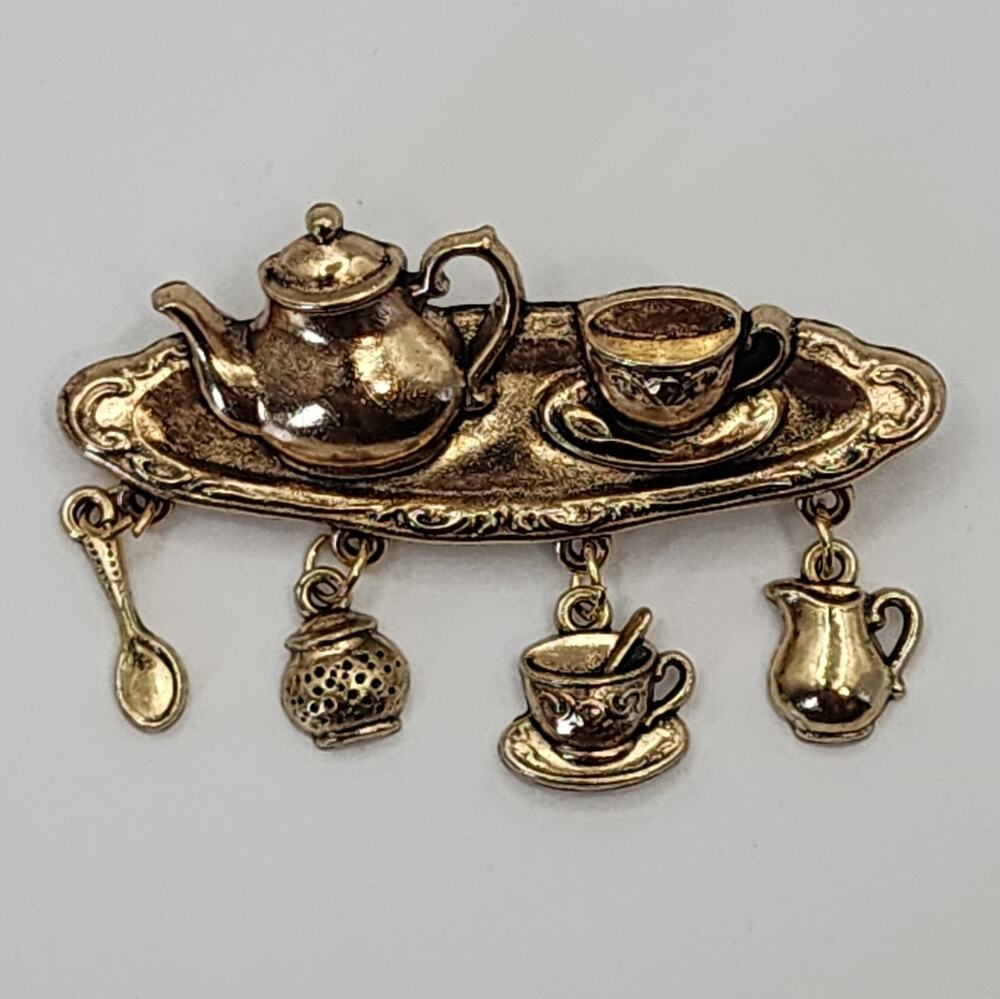 Gold Tone Miniature Tea Set Brooch Pin with Hanging Charms Wonderland Vibes